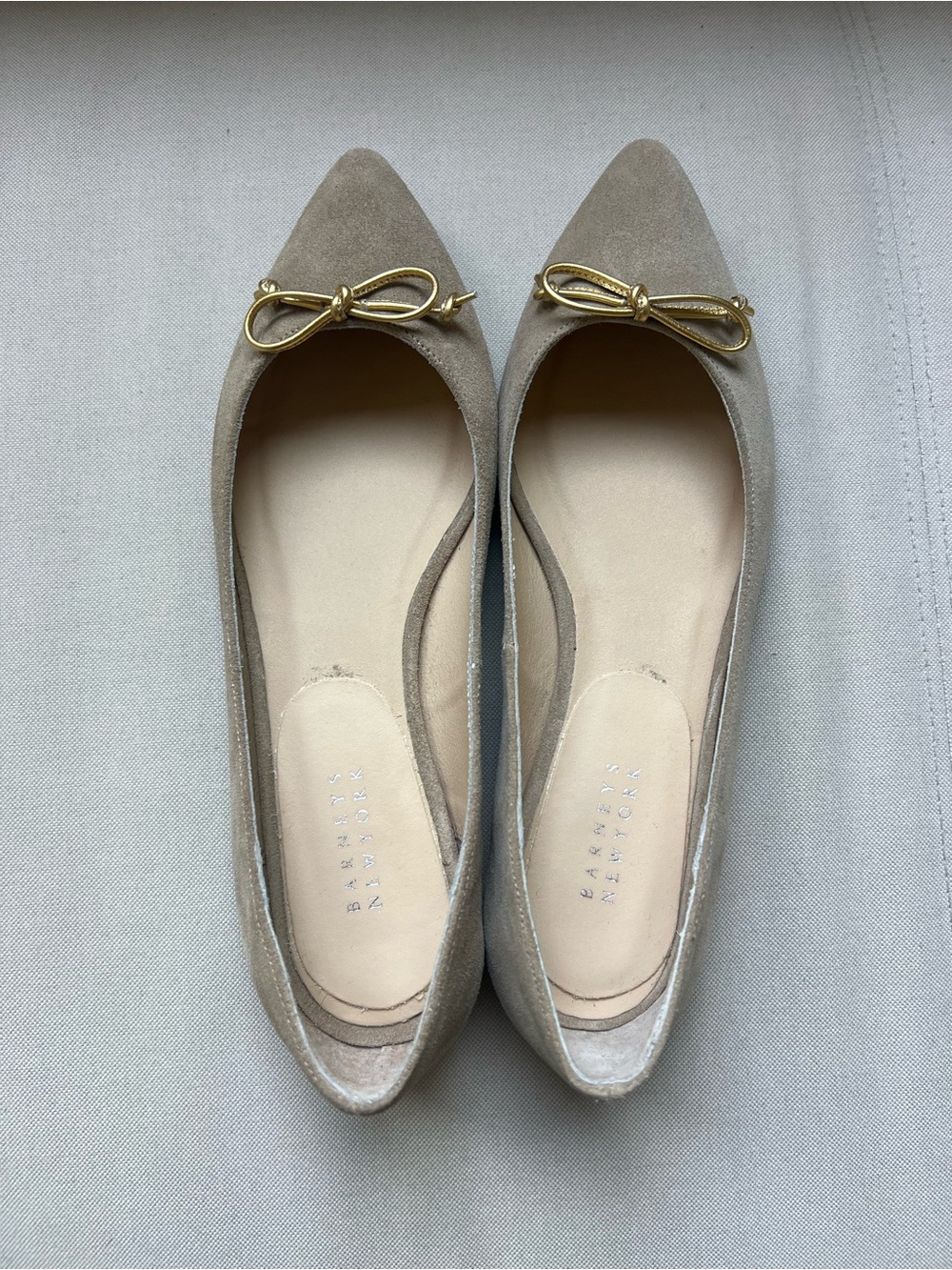 Barney’s New York Classic Pointed Toe Suede Ballet Flats with Gold Bow - Taupe